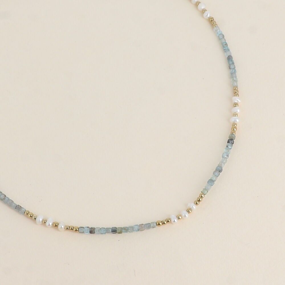 Kabelkette - Süßwasserperlen und kubische Natursteine