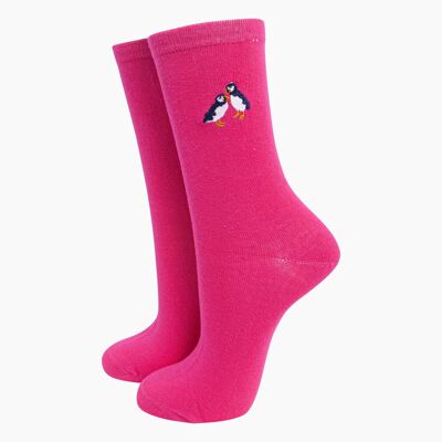 Chaussettes brodées pour femmes - Fuchsia, Puffins