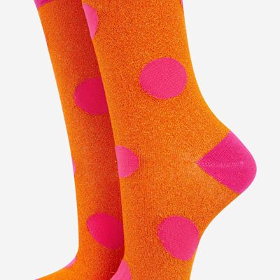 Chaussettes Femme Coton Paillettes Gros Pois Poignet Festonné Orange Rose