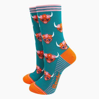 Chaussettes en bambou pour femmes - Bleu sarcelle, couronne florale de vache des Highlands