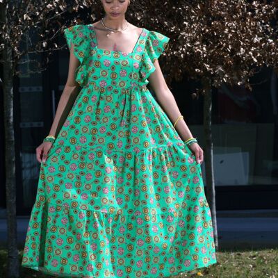 Long Flowing Ruffled Dress – Cotton – GREEN – Sleeveless