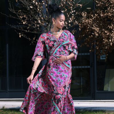 Vestido bohemio largo fluido con estampado colorido - Cuello en V - Con algodón