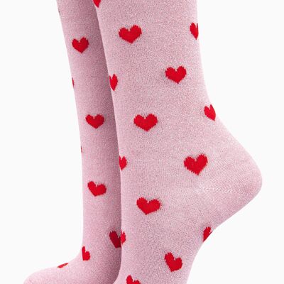 Chaussettes à paillettes pour femmes avec bordure festonnée - Rose, cœurs