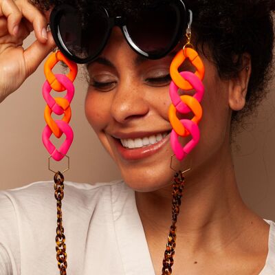 Nina – Rosa neón y naranja con cadena gruesa de acrílico de carey para gafas