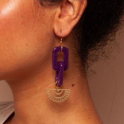 Velma – Pendientes colgantes de acrílico Art Déco con cadena morada y abanico de latón