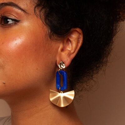 Inez – Pendientes colgantes de acrílico Art Déco con diseño de abanico azul y dorado