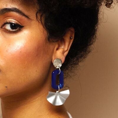 Inez – Blue And Silver Fan Art Deco Acrylic Statement Dangle Earrings