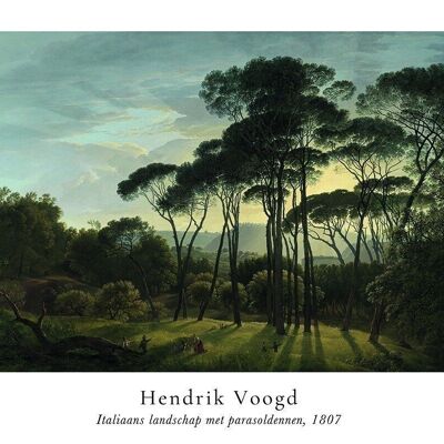 Poster Hendrik Voogd - Italiaans landschap met parasoldennen in Passe-partout
