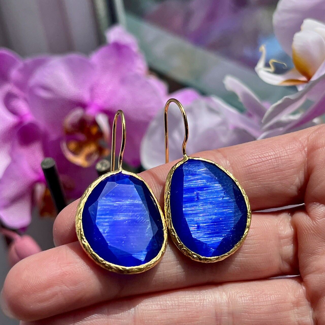 "LIMA" earrings in fine gold plated natural stone Blue Agate