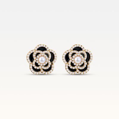 Clous d'oreilles fleur de camélia et perles - Noir