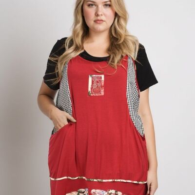 Conjunto de túnica roja bordada con camiseta de talla grande (A592)