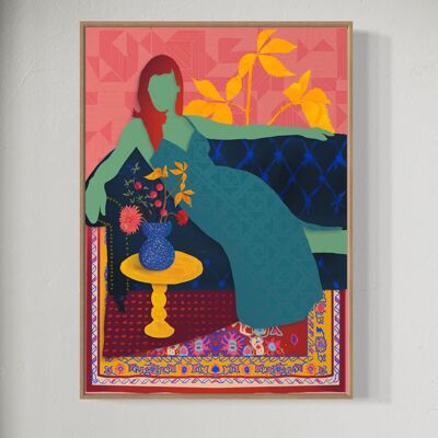 Impresión artística de lujo "Mujer Boho" en el sofá