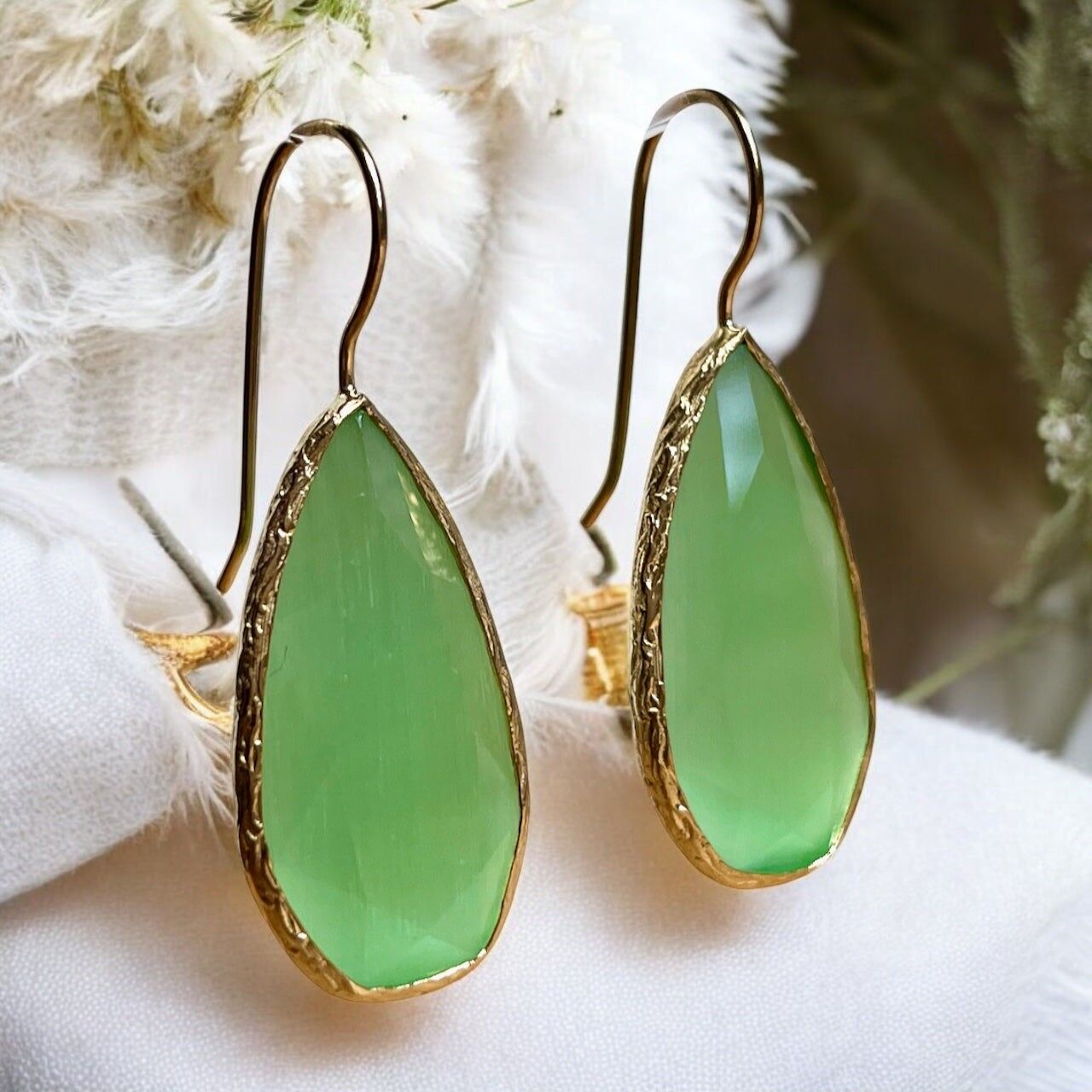 Boucles d’oreilles "FUJI" dorées or fin pierre naturelle Agate verte