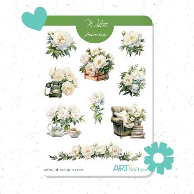 White Peonies bujo stickers Spring flowers stickers