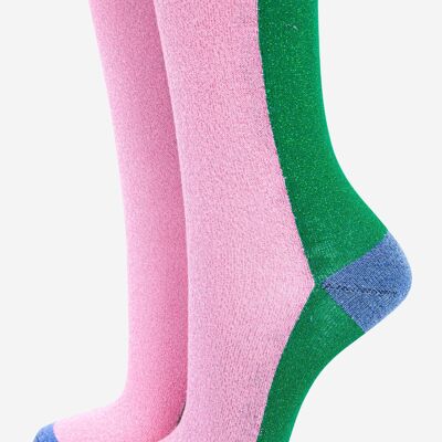 Chaussettes à paillettes pour femme - Rose/Vert, Bloc de couleurs