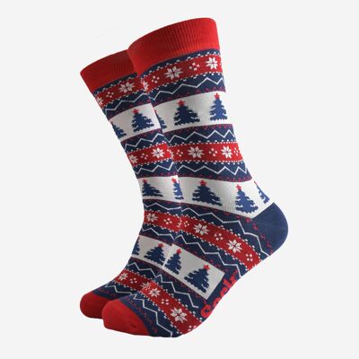 Calcetines de bambú para hombre - Azul marino/rojo, diseño de árbol de Navidad Fair Isle