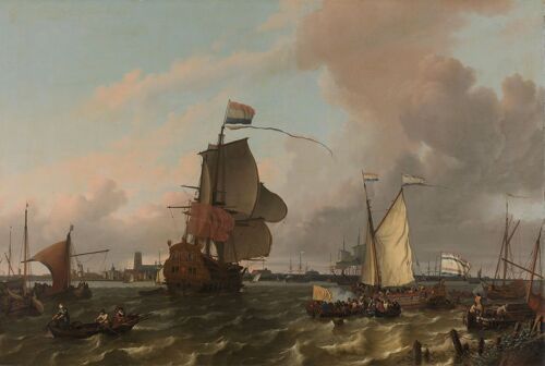 Poster Ludolf Bakhuysen - Het oorlogsschip Brielle op de Maas voor Rotterdam