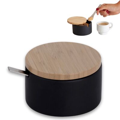 Azucarero cerámica con tapa de madera de Bambú y Cucharilla de acero inoxidable - Uso ideal como azucarero y salero