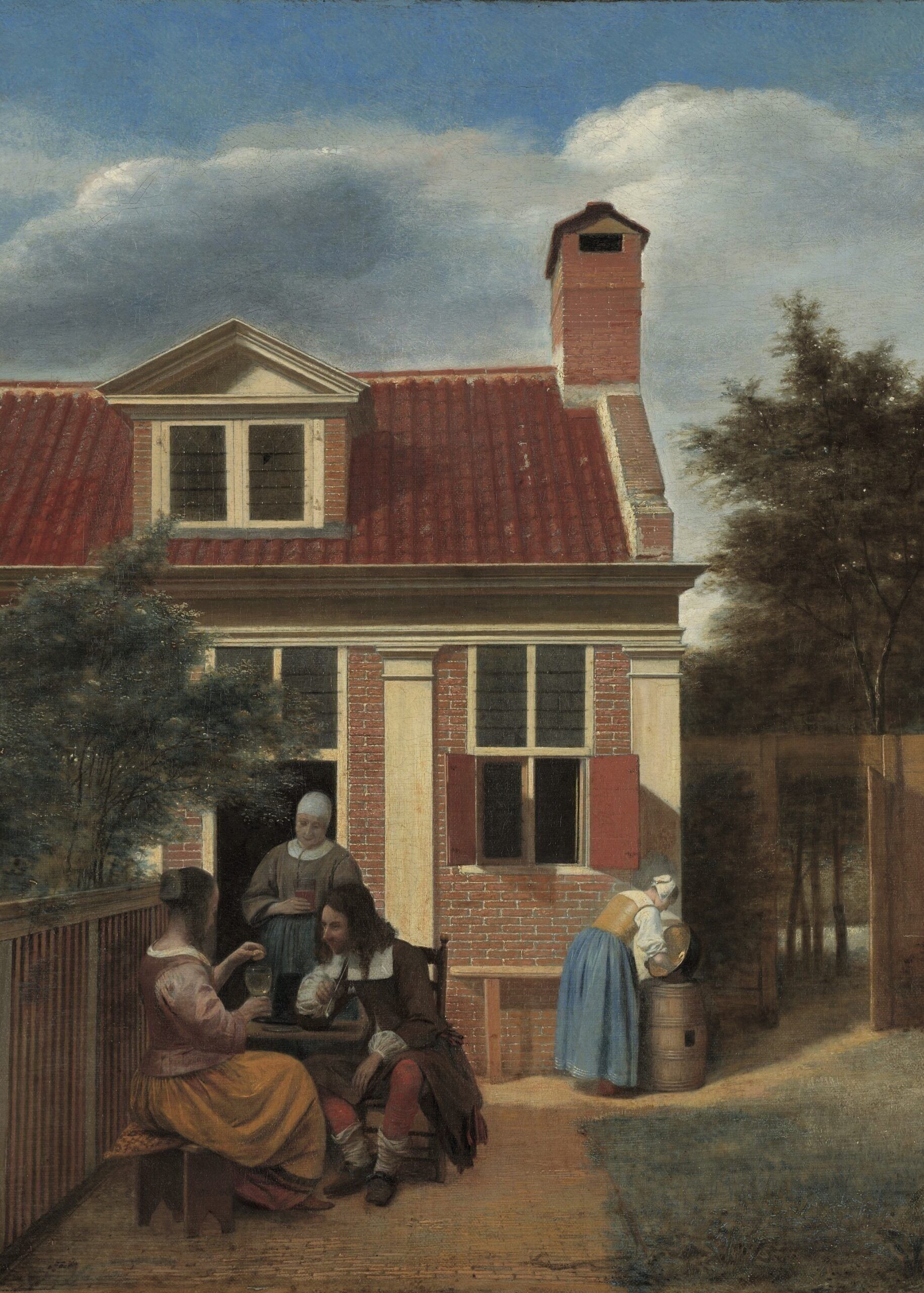 Póster Pieter de Hooch - Compañía en la parte trasera de la casa