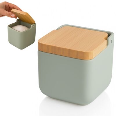 Salière de cuisine avec couvercle basculant en bambou. Idéal pour une utilisation comme salière et sucrière ou comme étagère à épices