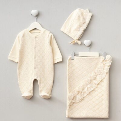 3-Piece Newborn Girl Knit Layette Set–Romper,Bonnet&Blanket