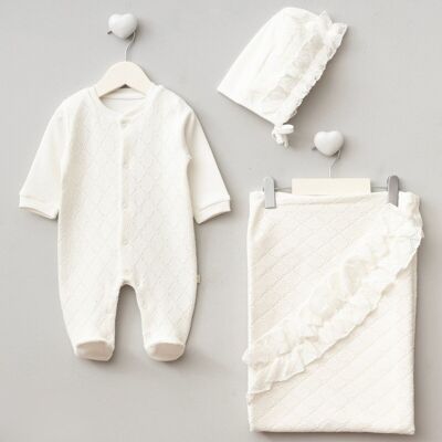 Set di 3 pezzi per neonata in maglia: tutina, cuffia e copertina
