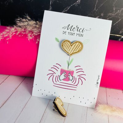 Biglietto illustrato con spilli di legno – “Grazie di cuore”