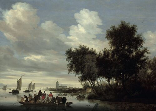 Poster Salomon van Ruysdael - Rivierlandschap met een veerboot