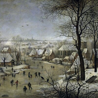 Póster Pieter Brueghel - Paisaje invernal de aves recortadas con patinadores