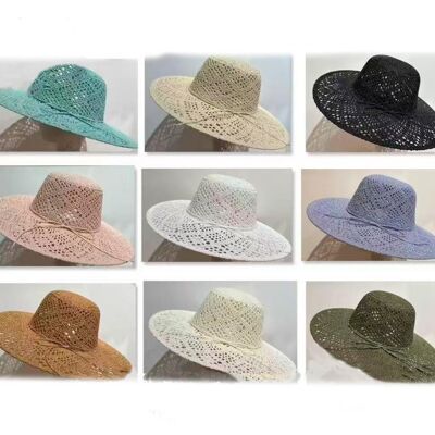 Cappello in carta e cotone con tesa larga e fiocco decorativo