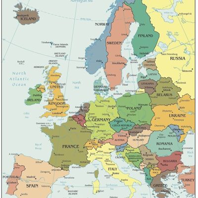 Poster Karte Europa - Hauptstädte