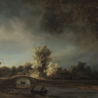 Póster Rembrandt - Paisaje con puente de piedra