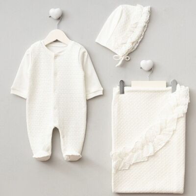 Set di 3 pezzi per neonata in maglia: tutina, cuffia e copertina