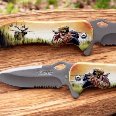 Couteau de Chasse Pliant Leopard – Lame Acier Inoxydable – Design Chasseur & Cerf
