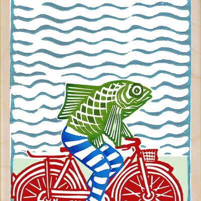 Holzpostkarte FISCH AUF EINEM FAHRRAD Meereskarte