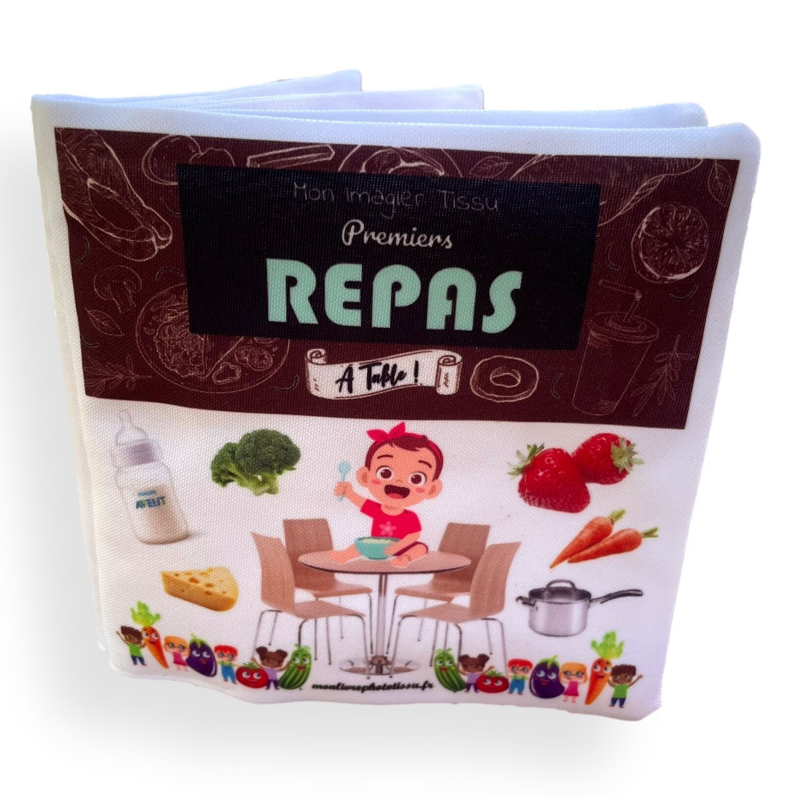 Livre éducatif images en tissu pour bébé - Repas, fruits, légumes - mini format