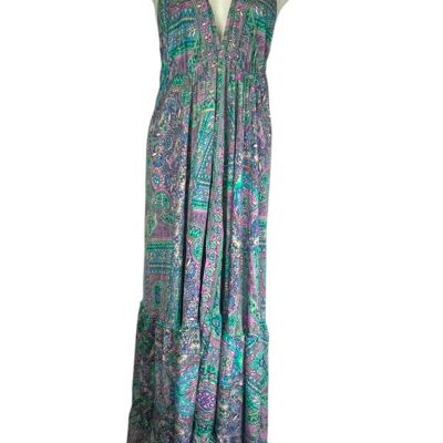 Abito lungo con allegro design multicolore in seta