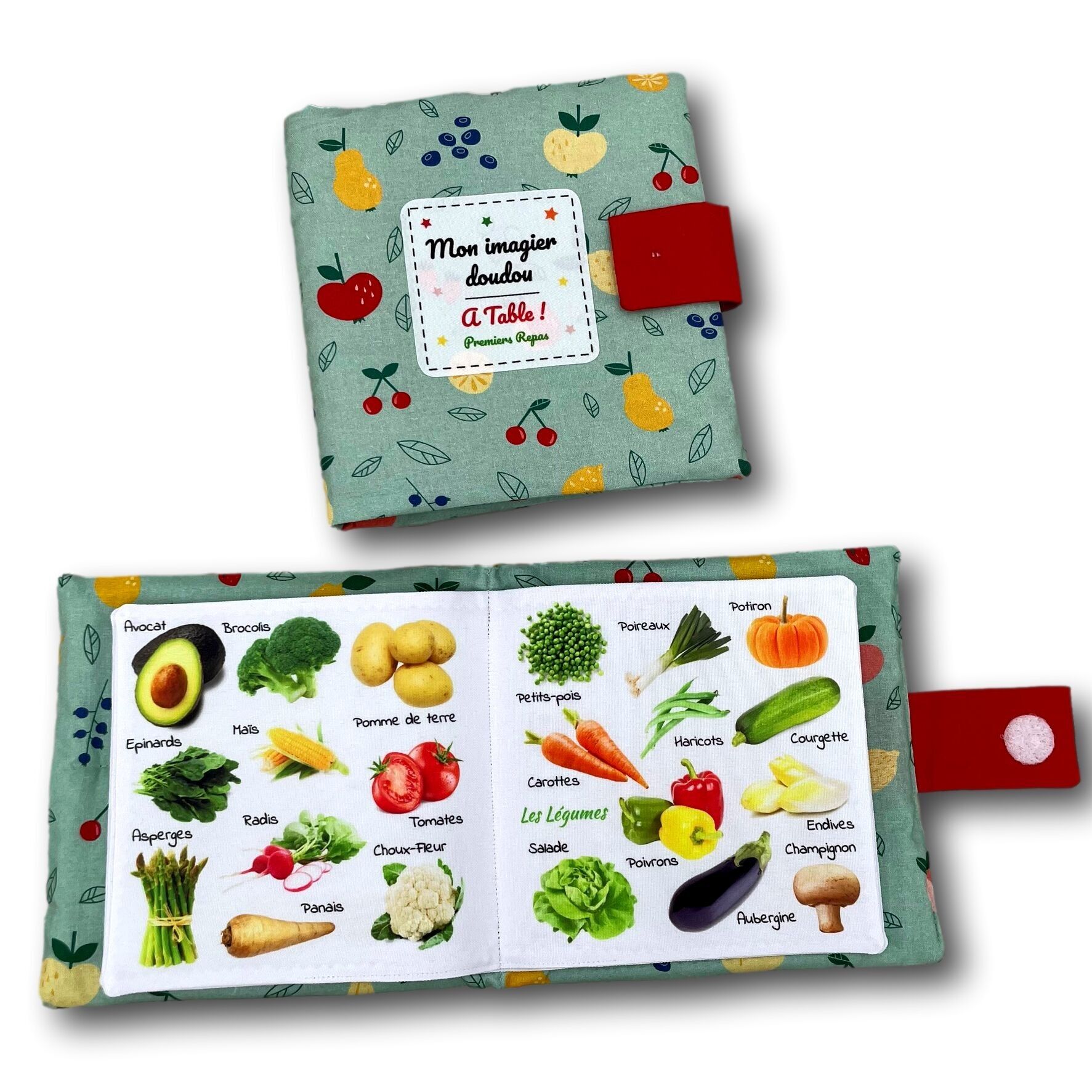 Livre éducatif images en tissu pour bébé - Premiers repas, fruits, légumes