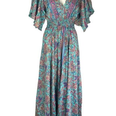 Langes, mehrfarbiges, handgefertigtes Seidenkleid mit Ärmeln