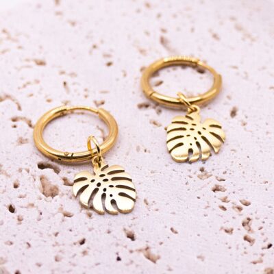 Pendientes Monstera Hoops Planta de interior - pendientes ligeros de botón con forma de planta de hoja