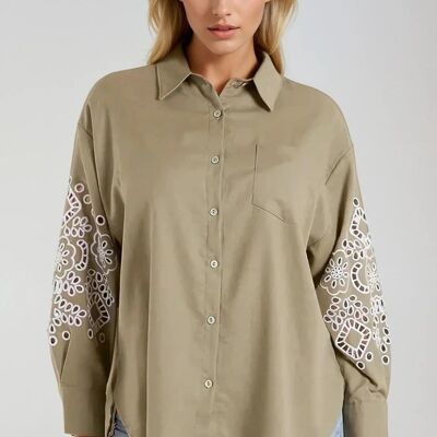 Camicia in misto lino con maniche ricamate color cachi chiaro