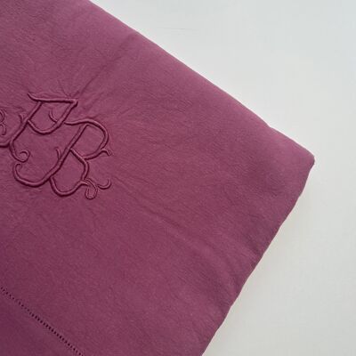 Drap ancien en Metis - monogramme PB - 180x240cm - Lie de vin