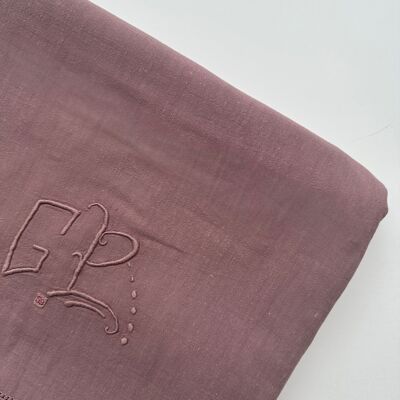 Drap ancien en Coton - monogramme GP - 160x200cm - Lie de vin
