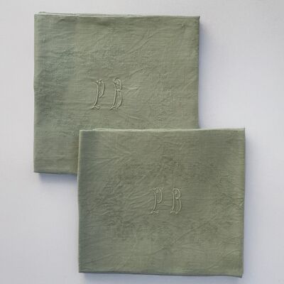 Lot de 2 serviettes vintage en damassé - monogramme PB - Verveine