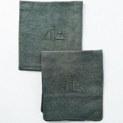 Lot de 2 serviettes vintage en damassé - monogramme JC - Vert de gris