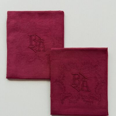Lot de 2 serviettes vintage en damassé - monogramme RA - Lie de vin