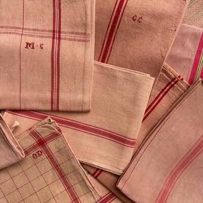 Torchon vintage rayé - Terre de sienne - Motifs variés