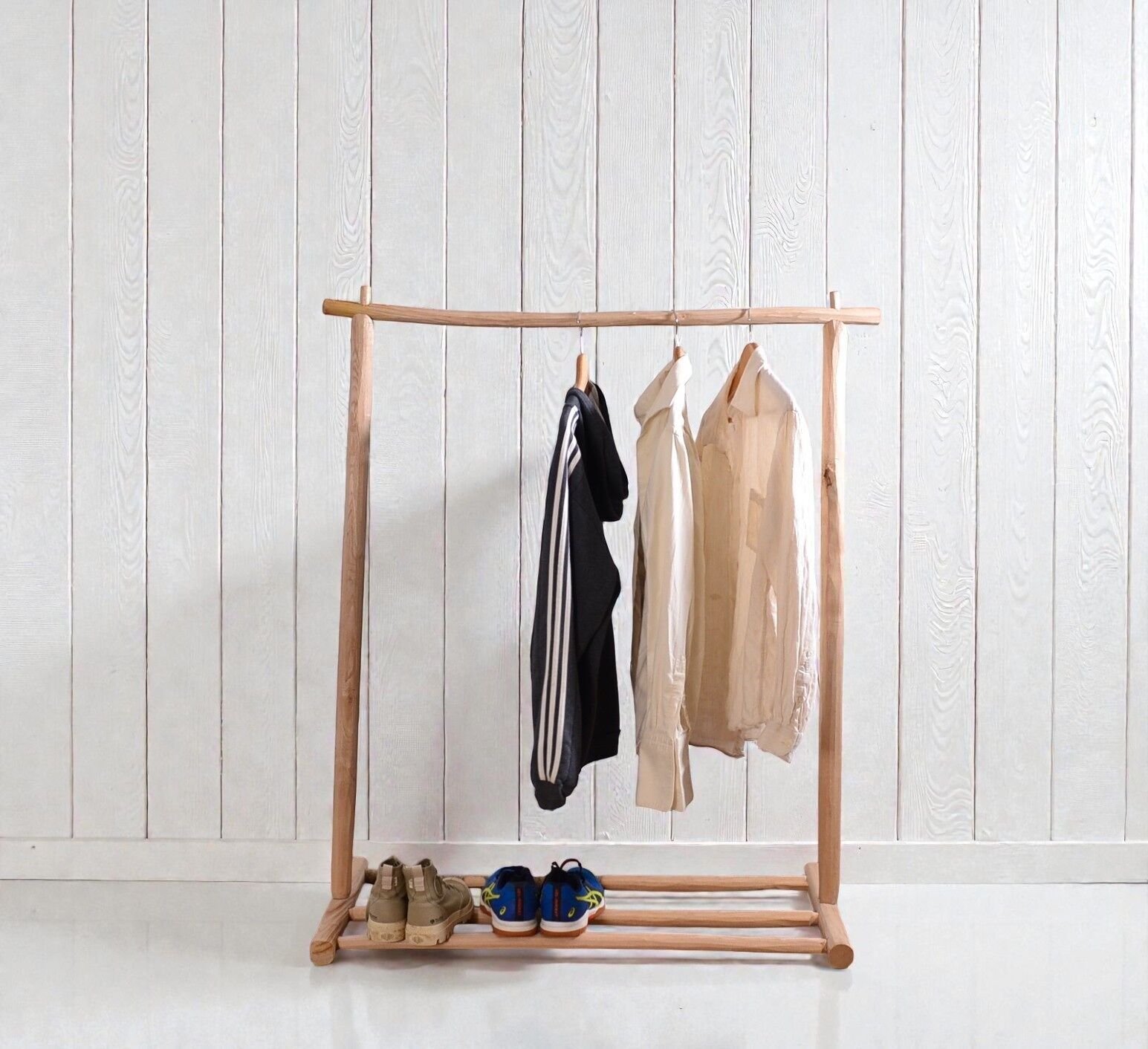 Raw wood clothes rack with shoe shelf