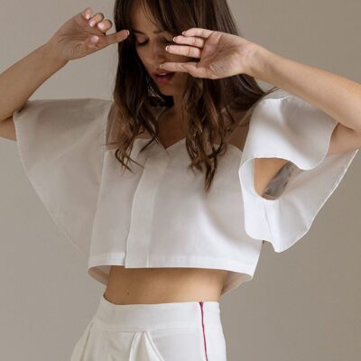 Top Corto in Popeline e Organza con Maniche Kimono
