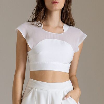 Crop Top in Popeline con Maniche Kimono in Chiffon